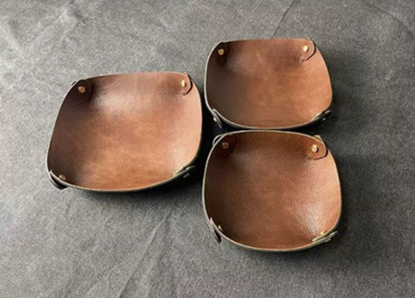Handmade Double-Layer Top Grain Cowhide Leather Desk Organizer Tray
