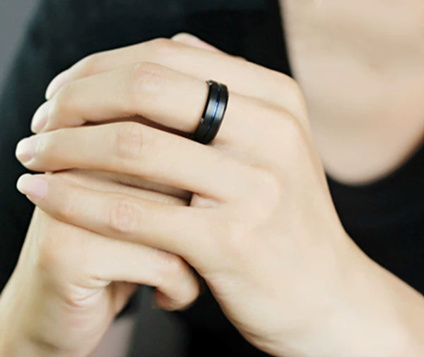 Men's Black Matte Stainless Steel Groove Ring – Blue Inner Trendy Index Finger Band