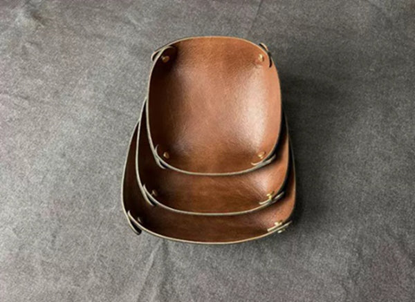 Handmade Double-Layer Top Grain Cowhide Leather Desk Organizer Tray