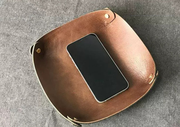 Handmade Double-Layer Top Grain Cowhide Leather Desk Organizer Tray