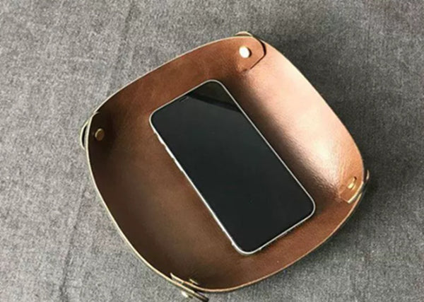Handmade Double-Layer Top Grain Cowhide Leather Desk Organizer Tray
