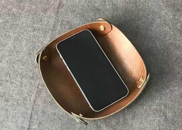 Handmade Double-Layer Top Grain Cowhide Leather Desk Organizer Tray