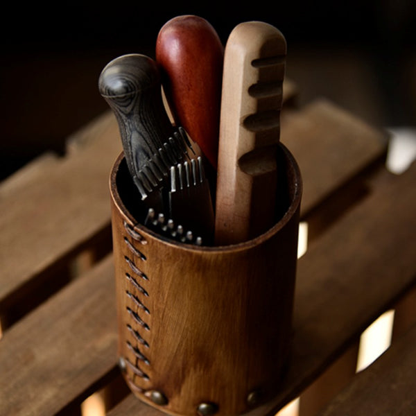 Handcrafted Vegetable Tanned Leather Pen Holder Desktop Ornament