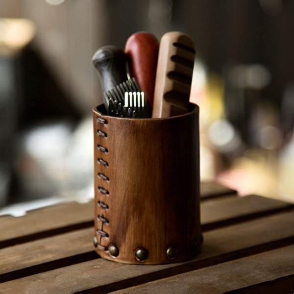 Handcrafted Vegetable Tanned Leather Pen Holder Desktop Ornament – GizModern