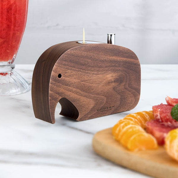 Push-To-Dispense Solid Wood Elephant Toothpick Holder