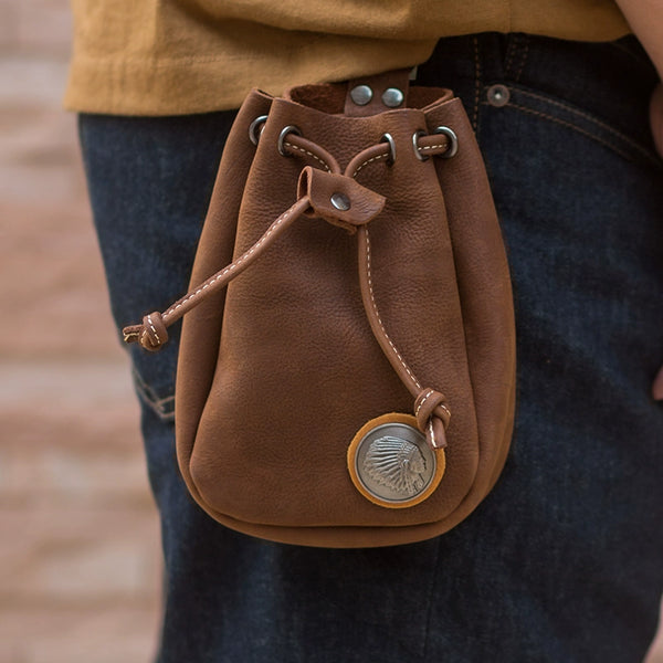 Handcrafted Retro Leather Drawstring Hip Pouch: Vintage Biker Gem