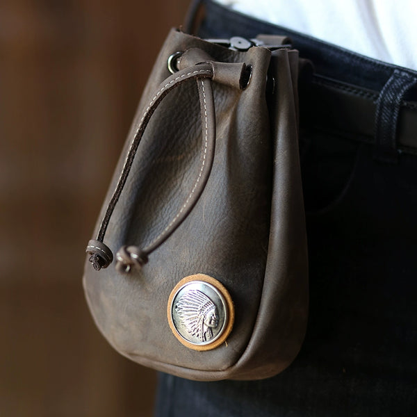 Handcrafted Retro Leather Drawstring Hip Pouch: Vintage Biker Gem