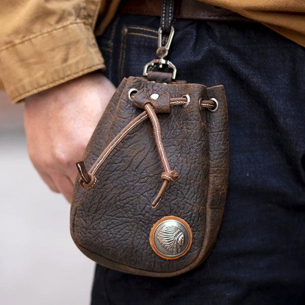 Handcrafted Retro Leather Drawstring Hip Pouch: Vintage Biker Gem