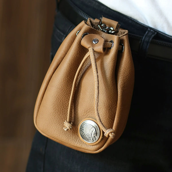 Handcrafted Retro Leather Drawstring Hip Pouch: Vintage Biker Gem