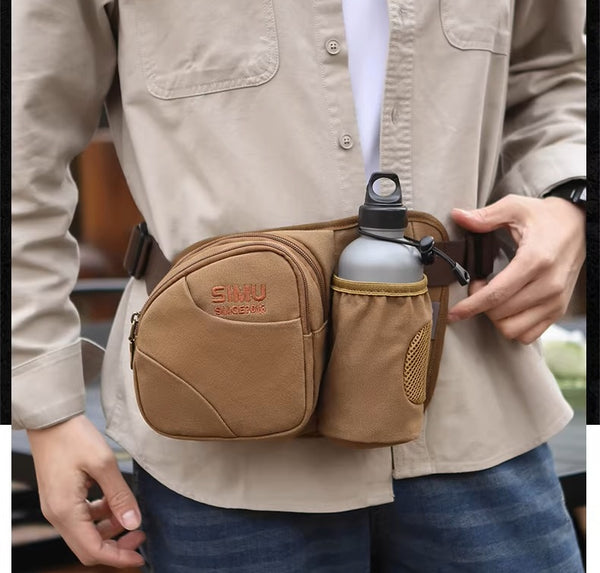 Multi-Pocket Canvas Tool Belt Bag – Rugged Outdoor Waist Pack with Water Bottle Holder