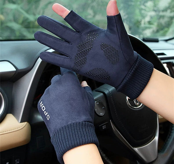 Warm Winter Fleece 2-Finger Cut Gloves: Windproof Touchscreen Anti-Slip Cycling & Driving Gear
