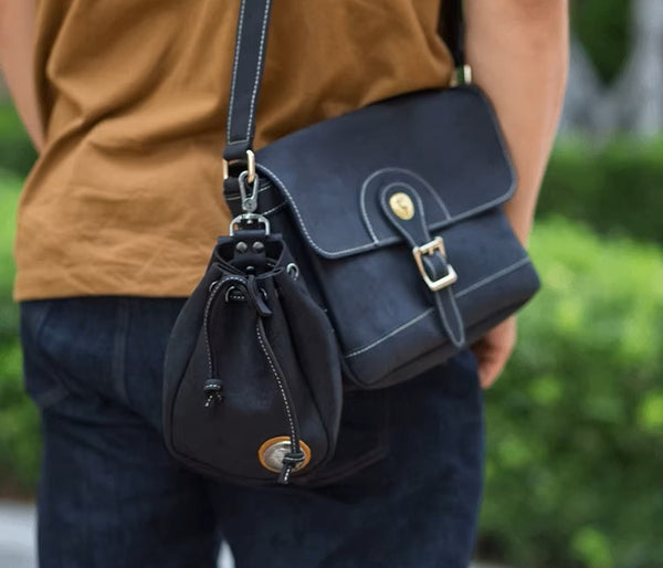 Handcrafted Retro Leather Drawstring Hip Pouch: Vintage Biker Gem