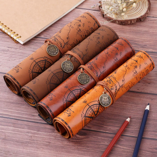 Vintage Treasure Map Canvas Leather Roll-Up Pencil Case