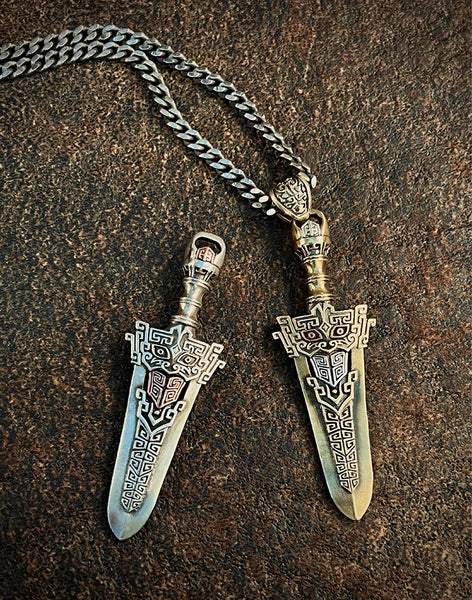 Retro Bronze Sword Pendant: Silver Necklace & Car Key Charm
