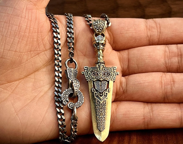 Retro Bronze Sword Pendant: Silver Necklace & Car Key Charm