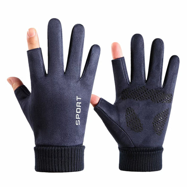 Warm Winter Fleece 2-Finger Cut Gloves: Windproof Touchscreen Anti-Slip Cycling & Driving Gear