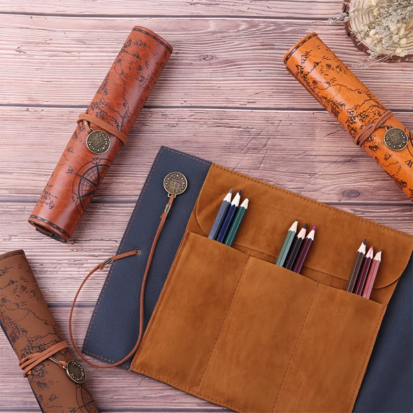 Vintage Treasure Map Canvas Leather Roll-Up Pencil Case