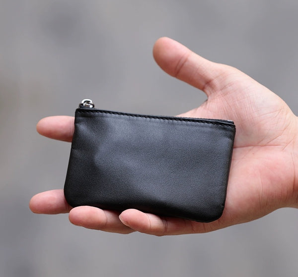 Sleek Soft Lambskin Coin Key Wallet: Mini Leather Zipper