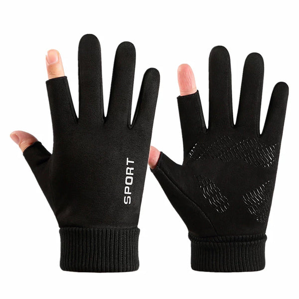 Warm Winter Fleece 2-Finger Cut Gloves: Windproof Touchscreen Anti-Slip Cycling & Driving Gear