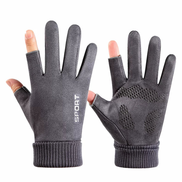 Warm Winter Fleece 2-Finger Cut Gloves: Windproof Touchscreen Anti-Slip Cycling & Driving Gear