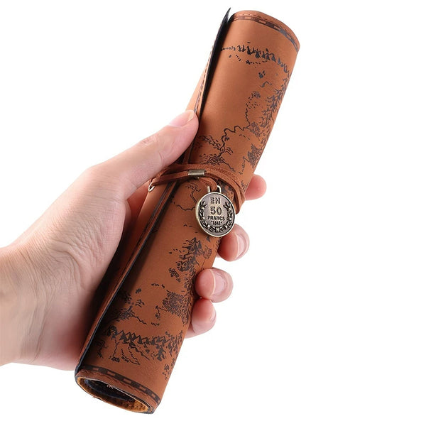 Vintage Treasure Map Canvas Leather Roll-Up Pencil Case