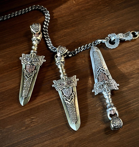 Retro Bronze Sword Pendant: Silver Necklace & Car Key Charm