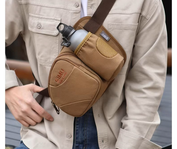 Multi-Pocket Canvas Tool Belt Bag – Rugged Outdoor Waist Pack with Water Bottle Holder