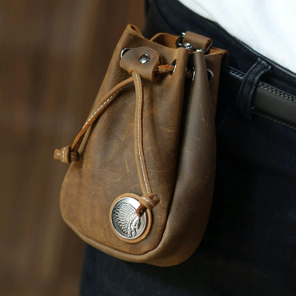 Handcrafted Retro Leather Drawstring Hip Pouch: Vintage Biker Gem