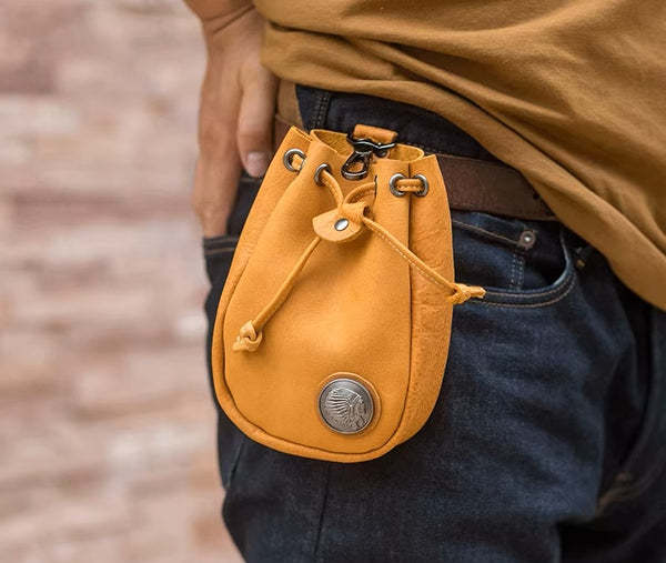 Handcrafted Retro Leather Drawstring Hip Pouch: Vintage Biker Gem