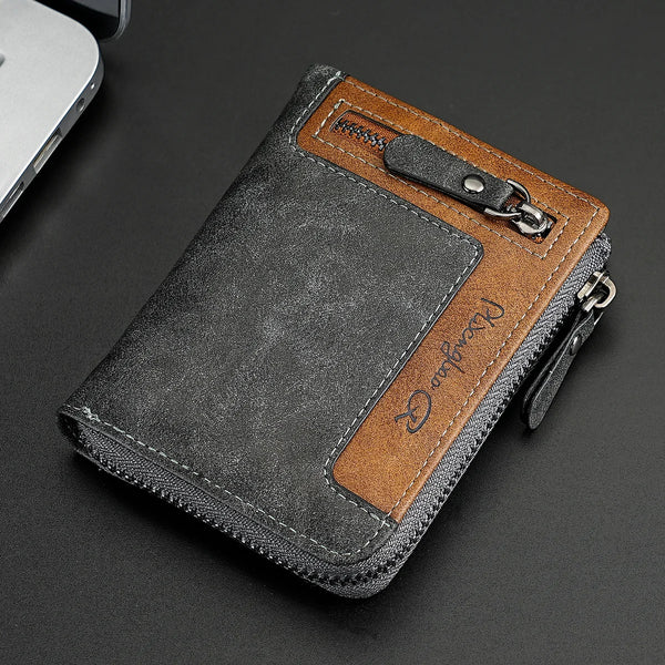 Stylish Color-Block Short Zip Wallet: Multi-Slot Leather Bifold Organizer