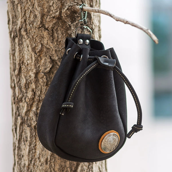 Handcrafted Retro Leather Drawstring Hip Pouch: Vintage Biker Gem