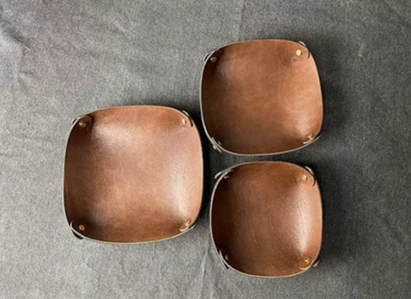 Handmade Double-Layer Top Grain Cowhide Leather Desk Organizer Tray