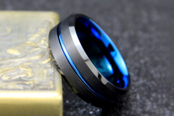 Men's Black Matte Stainless Steel Groove Ring – Blue Inner Trendy Index Finger Band
