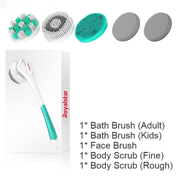 All-in-One Rechargeable Body Brush Set, with 7 Replaceable Heads & Long Handle for Body, Face, Foot, Adult & Kids