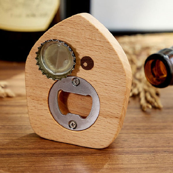 Iron-shape Wood Bottle Opener with Magnetic Bottle Cap Collector