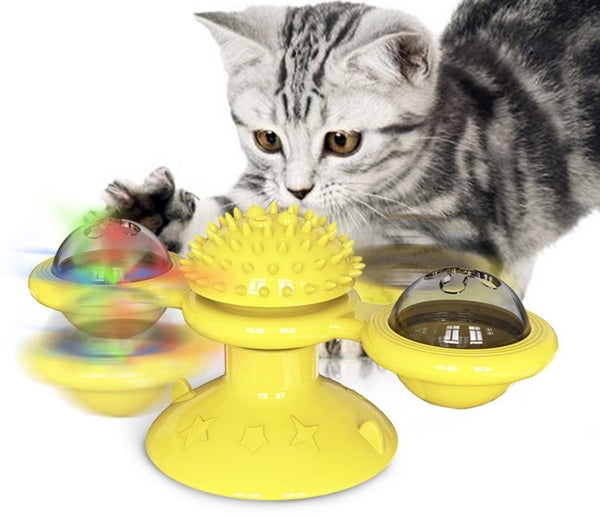 Interactive Rotate Windmill Cat Teasing Toy, with Suction Cup, Catnips, Bells & Massage Scratch Hair Brush, for Cats & Kittens