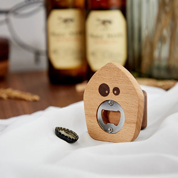 Iron-shape Wood Bottle Opener with Magnetic Bottle Cap Collector