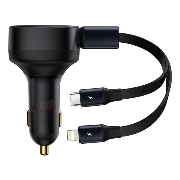 2-in-1 Retractable USB-C & Lightning Car Phone Charger for iPhone, Android Phones & Tablets
