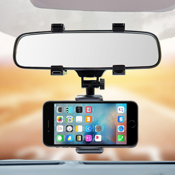 Adjustable Car Rear View Mirror Phone Holder Bracket, with Rubber Clips & 360° Rotation, Fits 3" to 7" Phone Screens