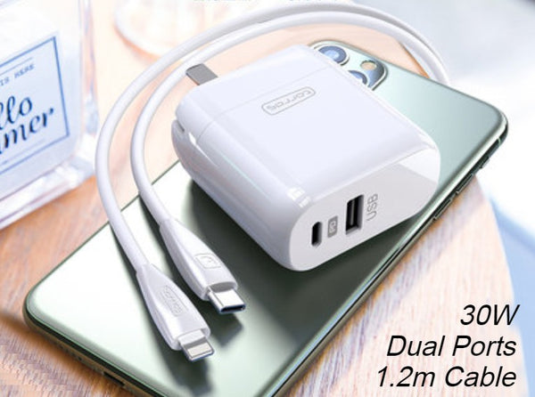30W 2 Ports USB-C Fast Charger, with 2m PD Fast Charging Cable and Foldable Plug, Compatible with Apple Devices (US Plug)