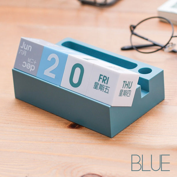Multifunction Desk Perpetual Calendar Blocks with Phone and Pen Holder, for Home & Office Desk