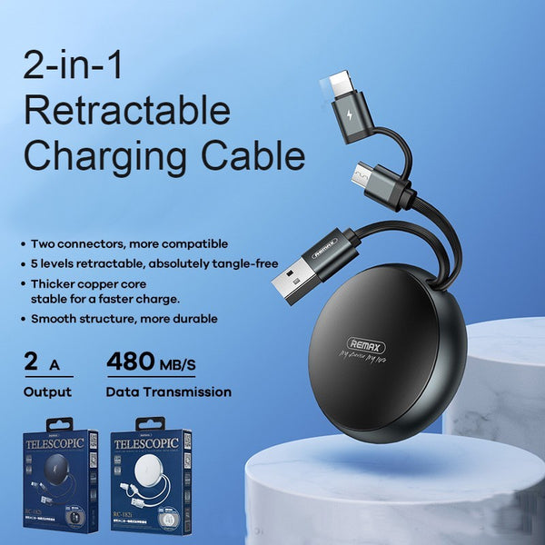 2-in-1 Portable Retractable Charging Cable, with Micro & Type-C/Lighning Connectors, Data Transmission, for Phone, Tablet & More