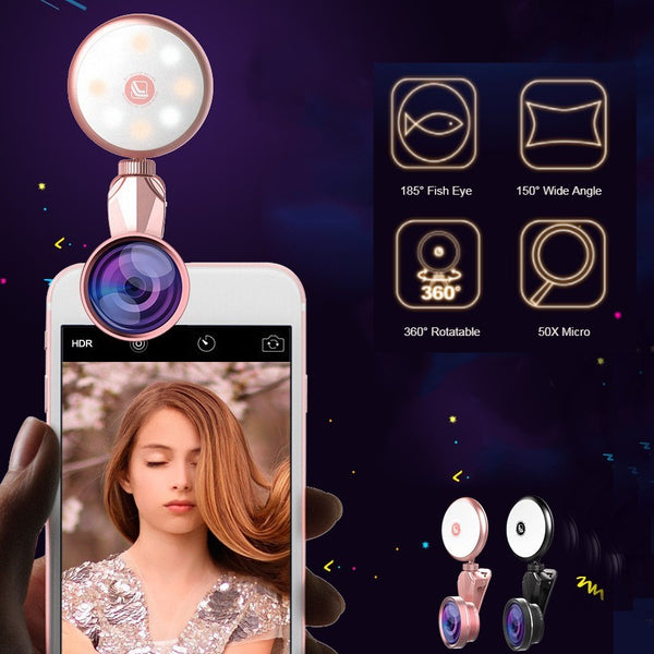 Universal Add-on Phone Lens Kit with LED Light, with Fisheye Lens, 4K Wide-angle Lens, & Macro Lens