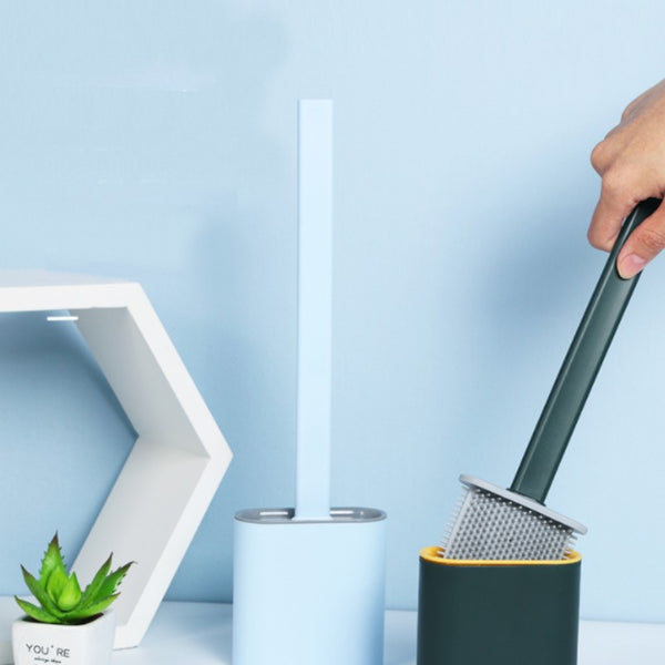 Silicone Bathroom Toilet Brush and Holder Set, with Non-Slip Long Plastic Handle, Bendable Brush Head and Wall-Mounted Design