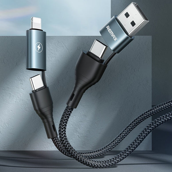 4-in-1 1.2m USB Charging Cable, with Interchangeable Connectors, Nylon Braided Wire, Fast Data Transmission, Lightning, Type-C and USB-A