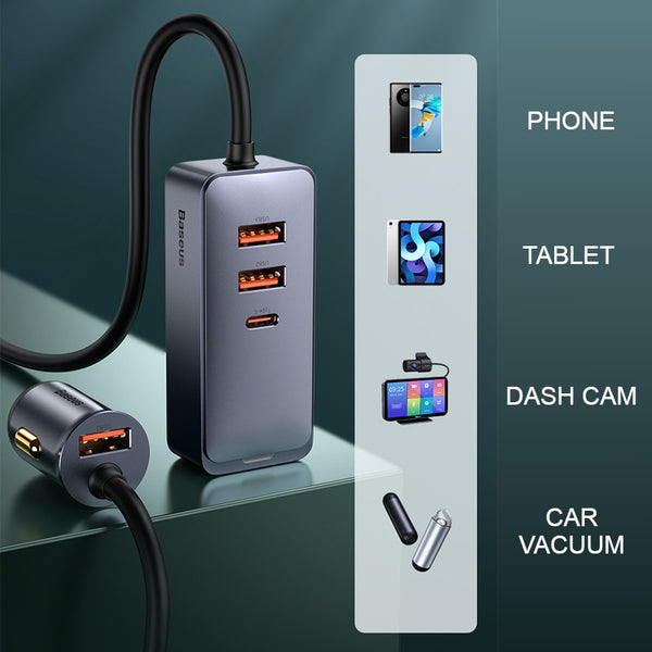 4-Port USB Car Charger, with Creative Back Clip & 1.5m Cable for Back Seat Charging