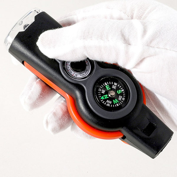 7-in-1 Portable Whistle with Compass, Flashlight, Thermometer, Magnifying Glass, Mirror, and Waterproof Storage, for Attention and Rescue