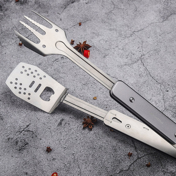Foldable Detachable Stainless Steel Hybrid Grill Tongs, with Retractable Handle & Bottle Opener