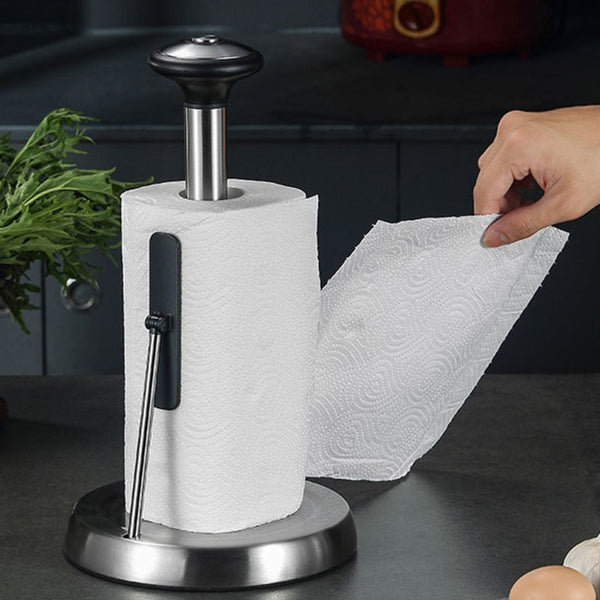 Paper Towel Holder, with Simple Tear Design, Adjustable Rod, Spring-Activated Arm & Non-slip Base, for Kitchen & Bathroom