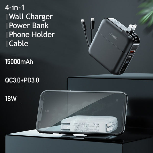 4-in-1 Fast Charging Wall Charger, with Power Bank Function, Charging Cable & Phone Adapter, for Home, Office and Travel (US Standard Plug)